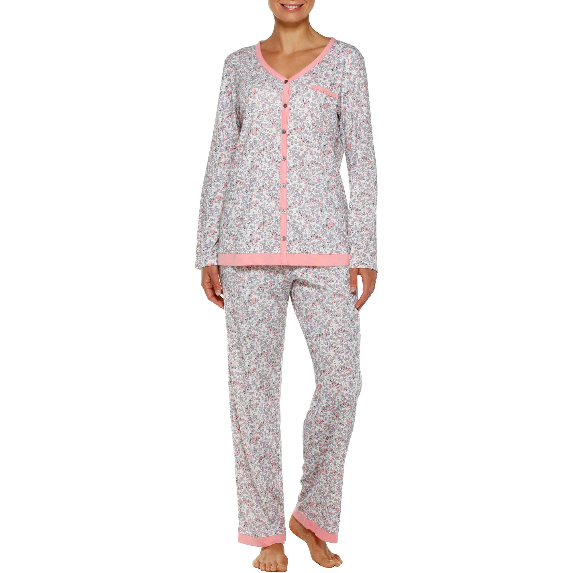  Women's V-Neck Knit Pajama 2 Piece Sleepwear Set with Velvet Ribbon Trim