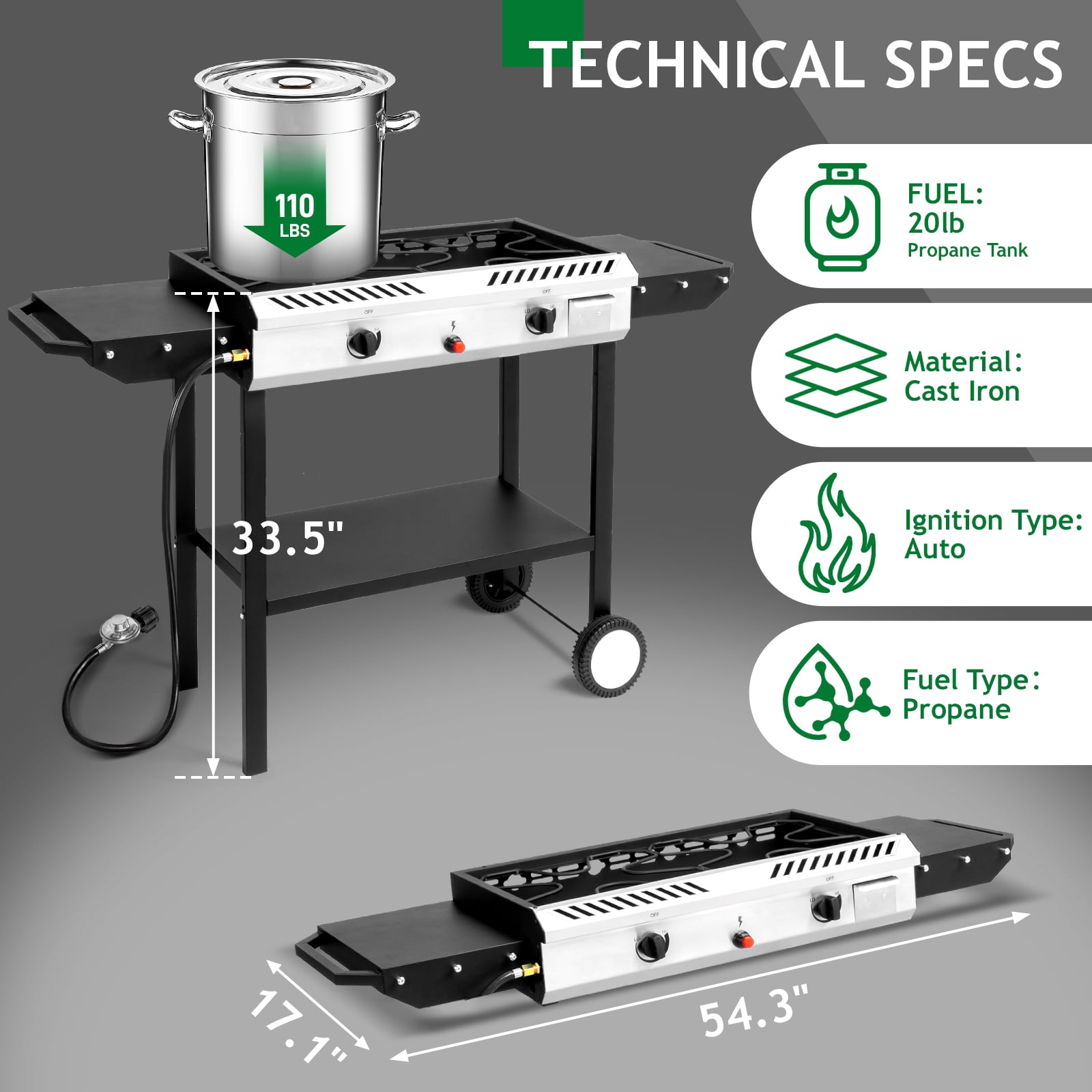 Ktaxon 2 Burner Propane Stove Gas Cooker with Auto Ignition, Side Shelf, 150,000 BTU for Outdoor Cooking