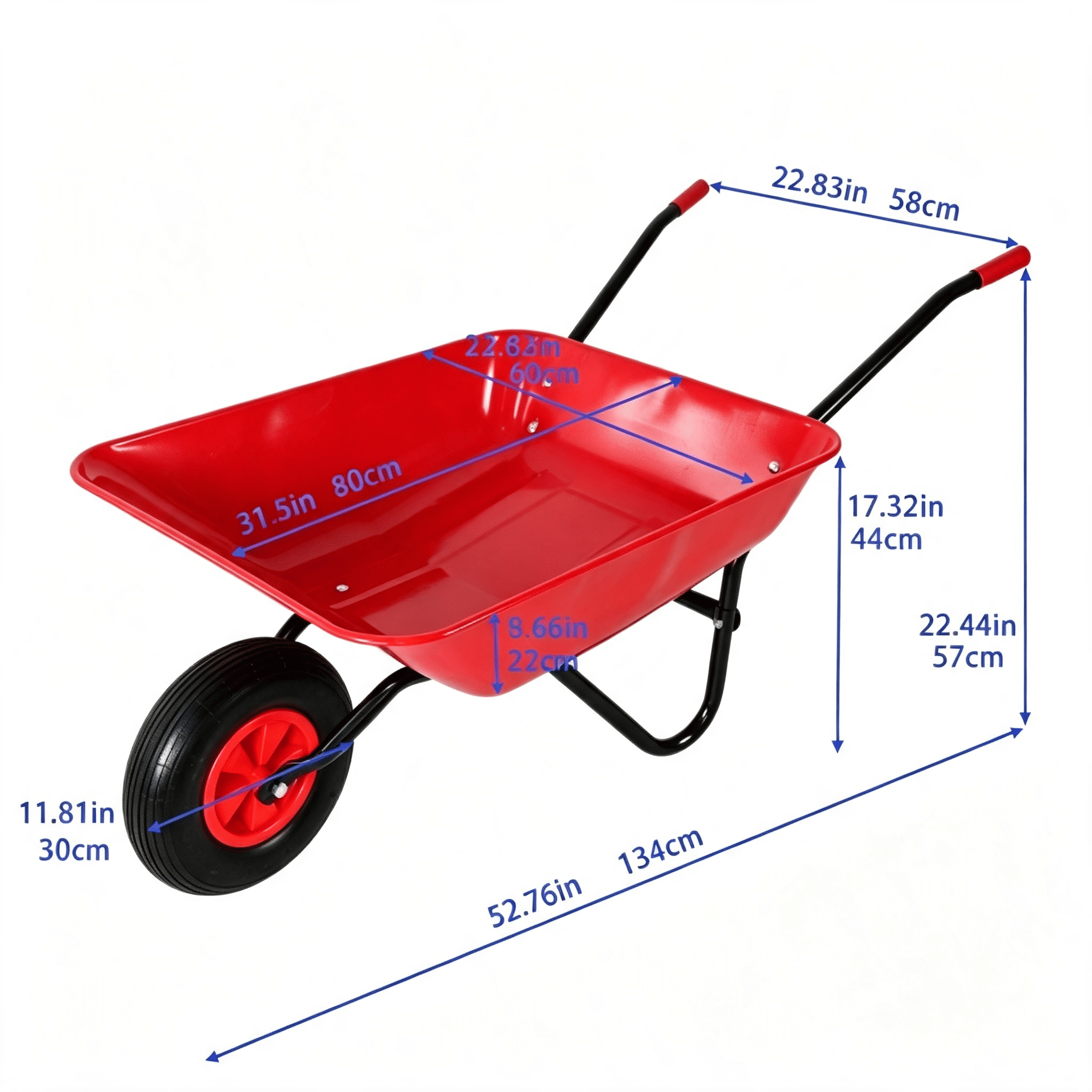 Steel Tray Wheelbarrow Trolley, 220 lbs Capacity Garden Wheel Barrow with 12 Inch Pneumatic Wheel, Heavy Duty Metal Handle Utility Trolley, 2.2 Cu.Ft Steel Tray for Gardening Landscaping