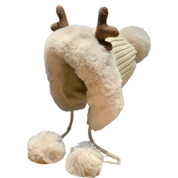 Kawaii Antler Pom Hat Earflap Plush Outdoor Helmet Cap Beanie Winter Warm Xmas Gift for Wife Girlfriend Daughter Sister