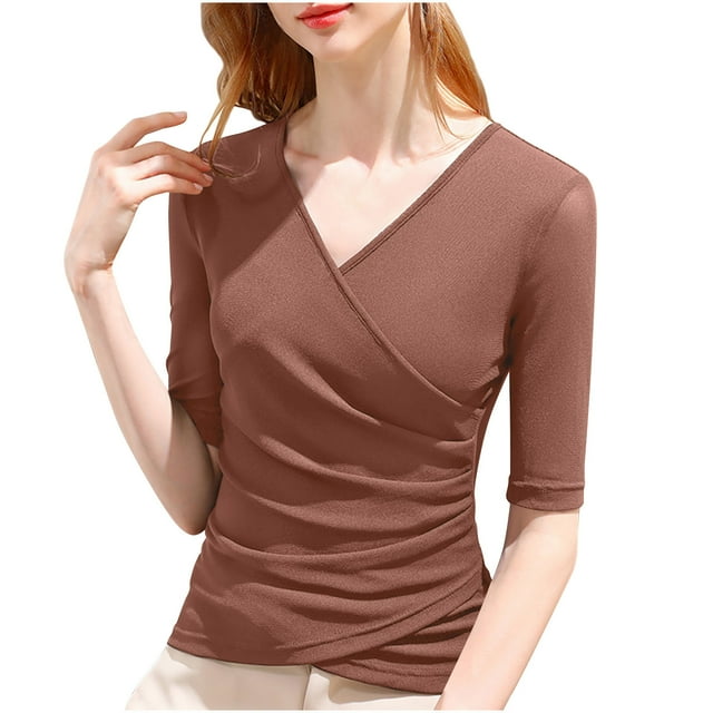 Timegard Going out Tops for Women 2/1 Sleeve V-Neck Ruched Solid Color Tshirts Fall Casual Slim Top