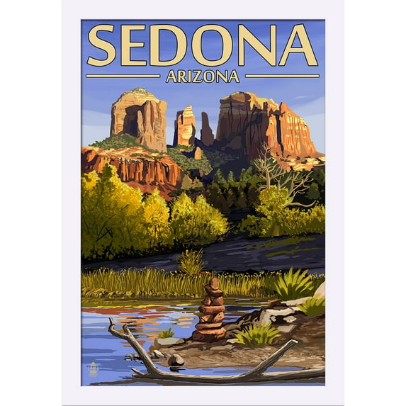 Sedona, Arizona - Cathedral Rock & Cairn - Lantern Press Artwork (16x24 Giclee Art Print, Gallery Framed, White Wood)