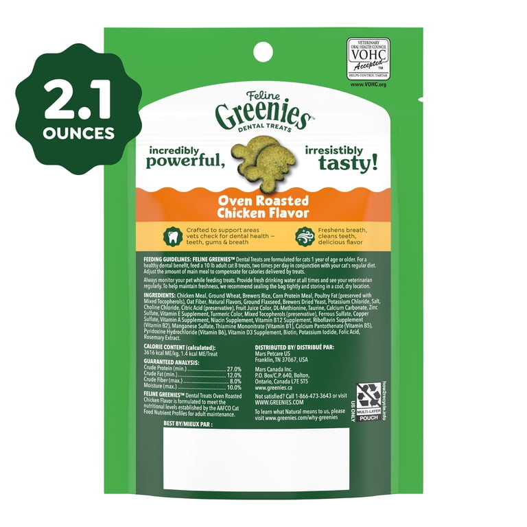 Greenies Feline Dental Cat Treats 2.1 Oz Pouch, Oven Roasted