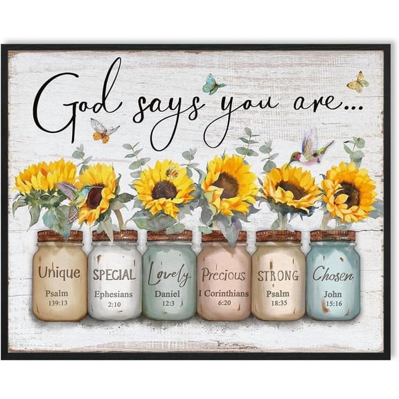 God Says You Are Wall Art: Christian Wall Art Framed Inspirational Quotes Bible Verse Wall Decor for Living Room Bedroom,Sunflower Pictures Religious Scripture Wall Art Prints Posters 12"x15"