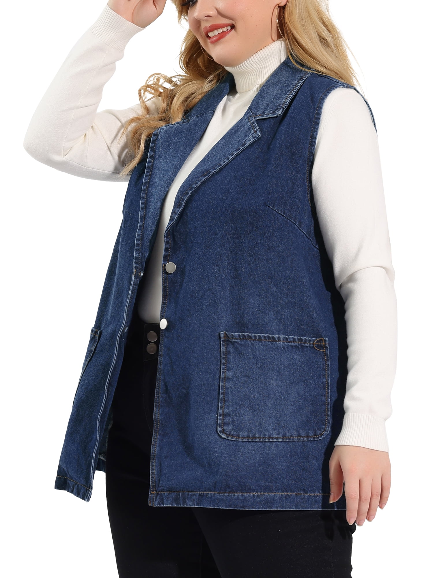 Unique Bargains Women's Plus Size Denim Sleeveless Lapel Vest Relax Notched Jacket