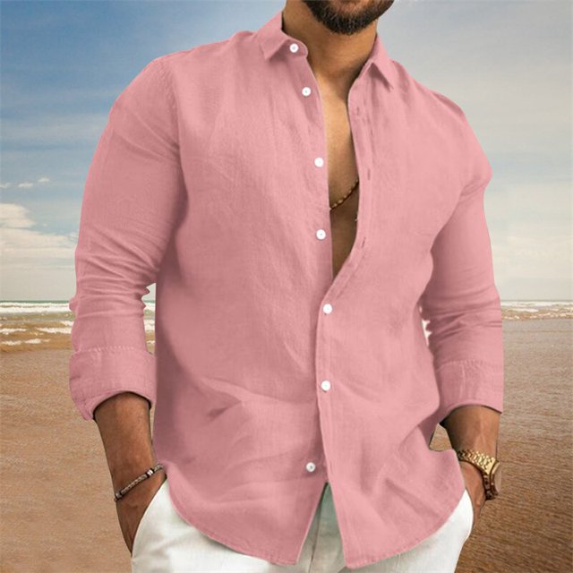 Camisas informales de lino y algodón para hombre, camisa de manga larga, cuello vuelto, Color sólido, moda, primavera y otoño, 2023