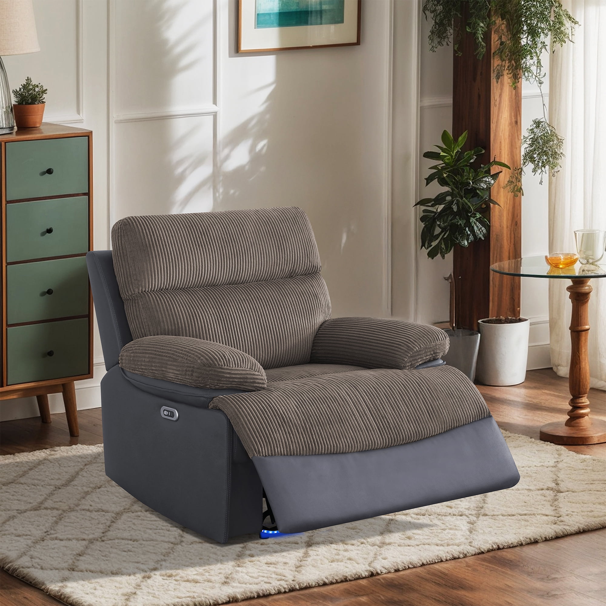 Gewnee Power Recliner Chair, Adjustable Reclining Lounge Chair with USB Ports, LED Lights, Flocking Upholstered Single Sofa Recliner for Living Room, Office, Brown&Blackish Gray
