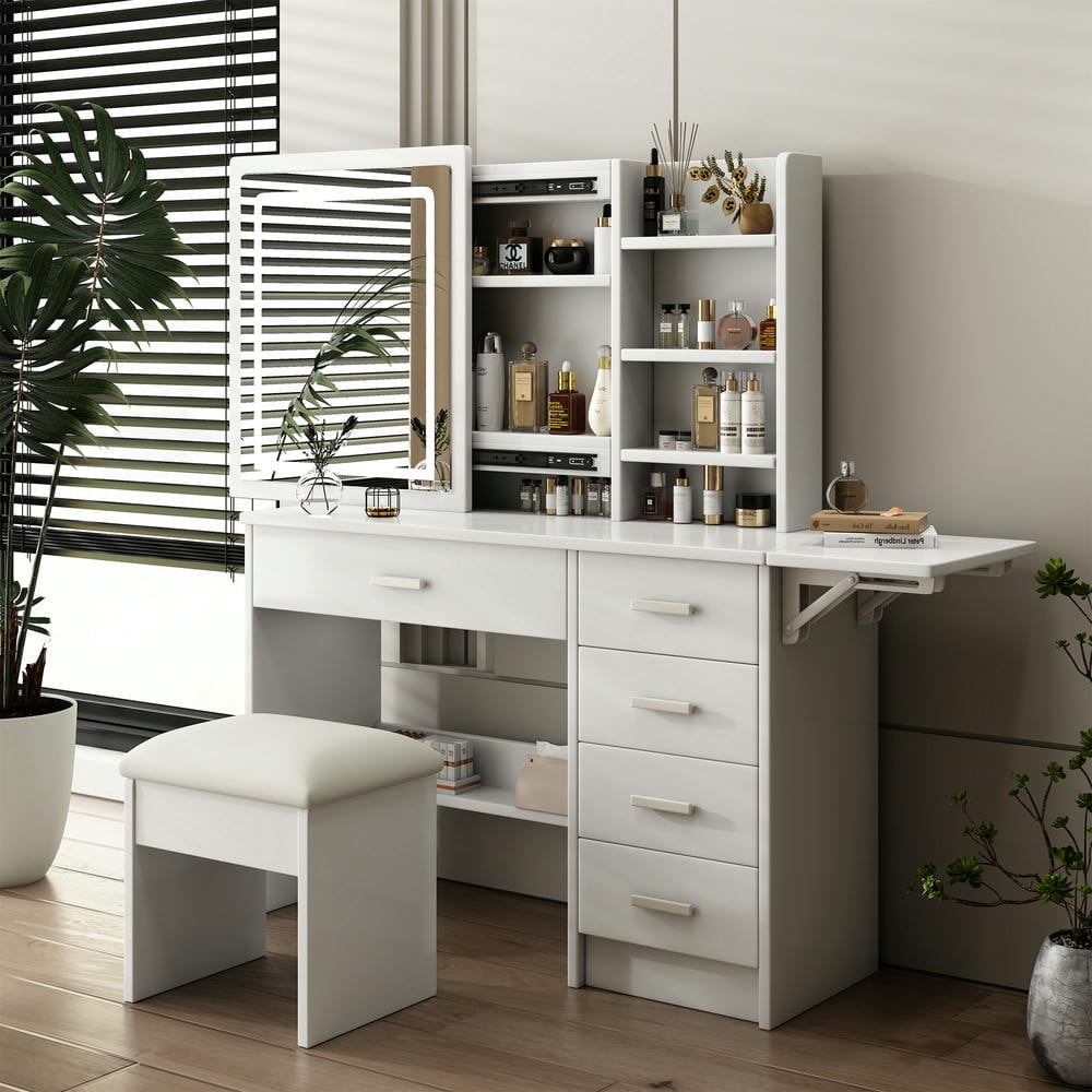 Kadyn Vanity Desk with Mirror and Lights, Makeup Vanity Table and Chair Set with with Open Shelves and Chair, 3 Color Lighting Brightness Adjustable, 5 Drawers, White Kadyn Vanity Desk with Mirror and Lights, Makeup Vanity Table and Chair Set with with Open Shelves and Chair, 3 Color Lighting Brightness Adjustable, 5 Drawers, White