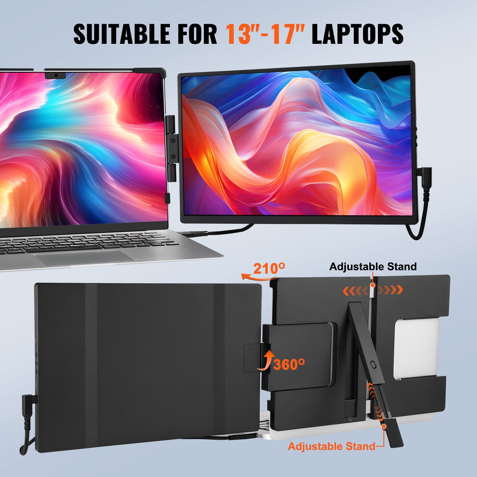 KFFKFF Mobile Laptop Display Add-On, 14" Full HD 1080P IPS Second Screen, Fits 13"-17" Laptops, Rotatable Extra Monitor with USB-C/USB-A/Mini HDMI, Works with Mac/Windows/Android/Switch/PS5