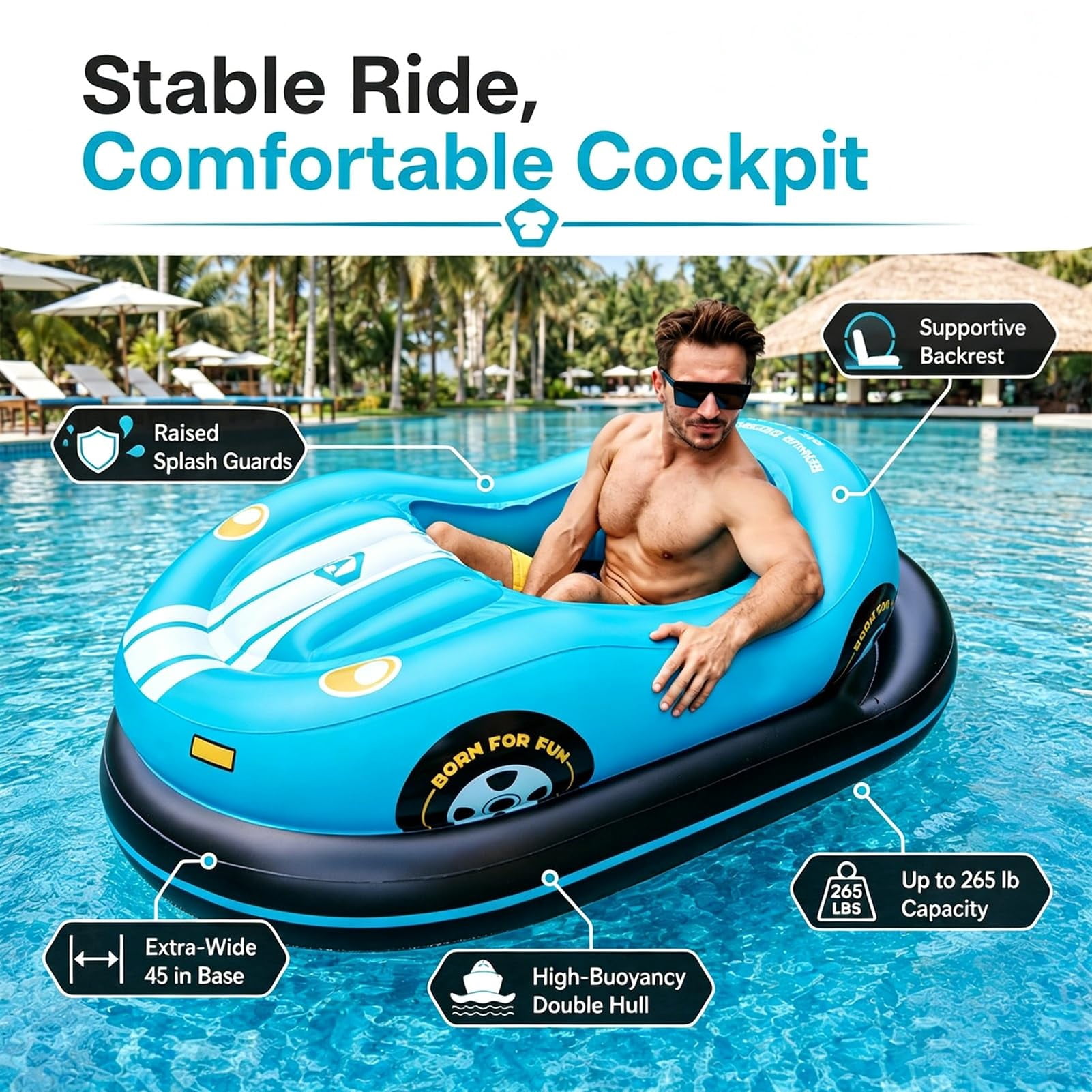 Inflatable Car Boat - Motorized Bumper Boats for Pool, Motorized Pool Lounger for Adults,Spin & Turn,Wide Stable Base,Cordless Air Pump Included (Red)