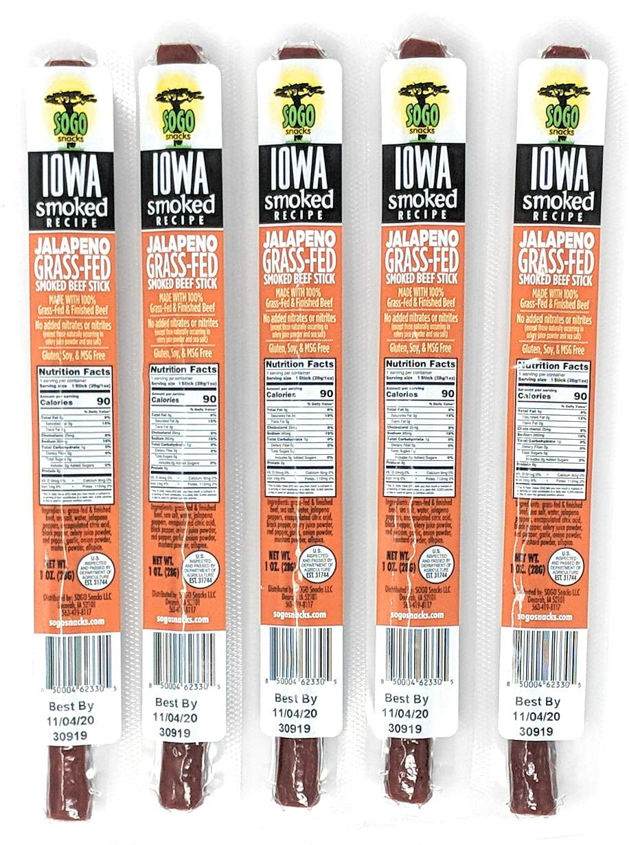 Jalapeno, Sogo Snacks Iowa Smoked, No Sugar, 100% Grass-fed/finished, Non-GMO Beef Sticks. No Added Nitrates, Gluten, Soy, MSG, Dairy, Nuts. Keto, Paleo Friendly (Jalapeno-ISR, 1-oz, 48 Cnt)