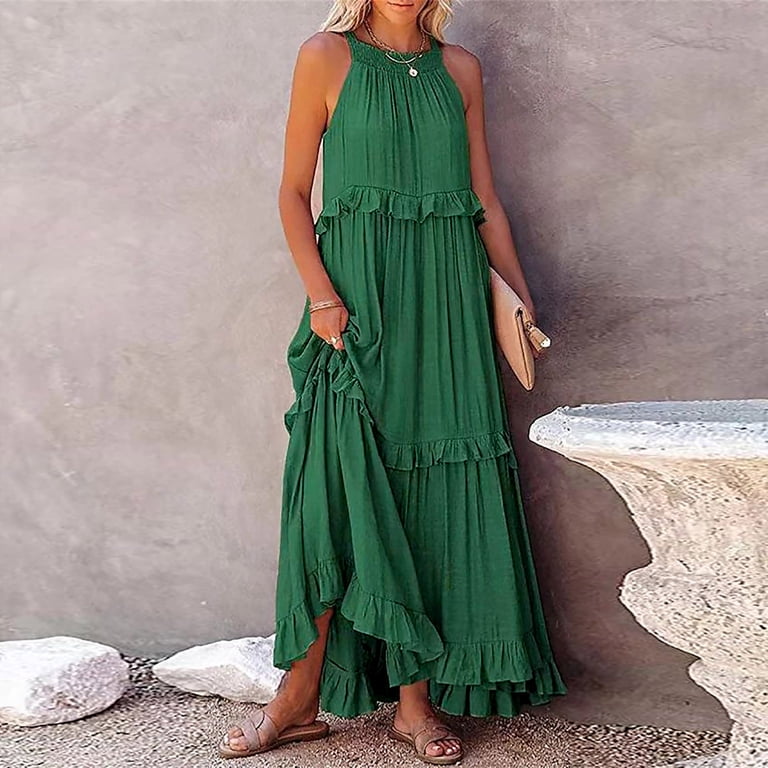 princess polly baby blue dress Summer Dresses for Women Casual Sleeveless Boho Long Solid Color Loose Halter  Neck Ruffle Maxi Beach Dress