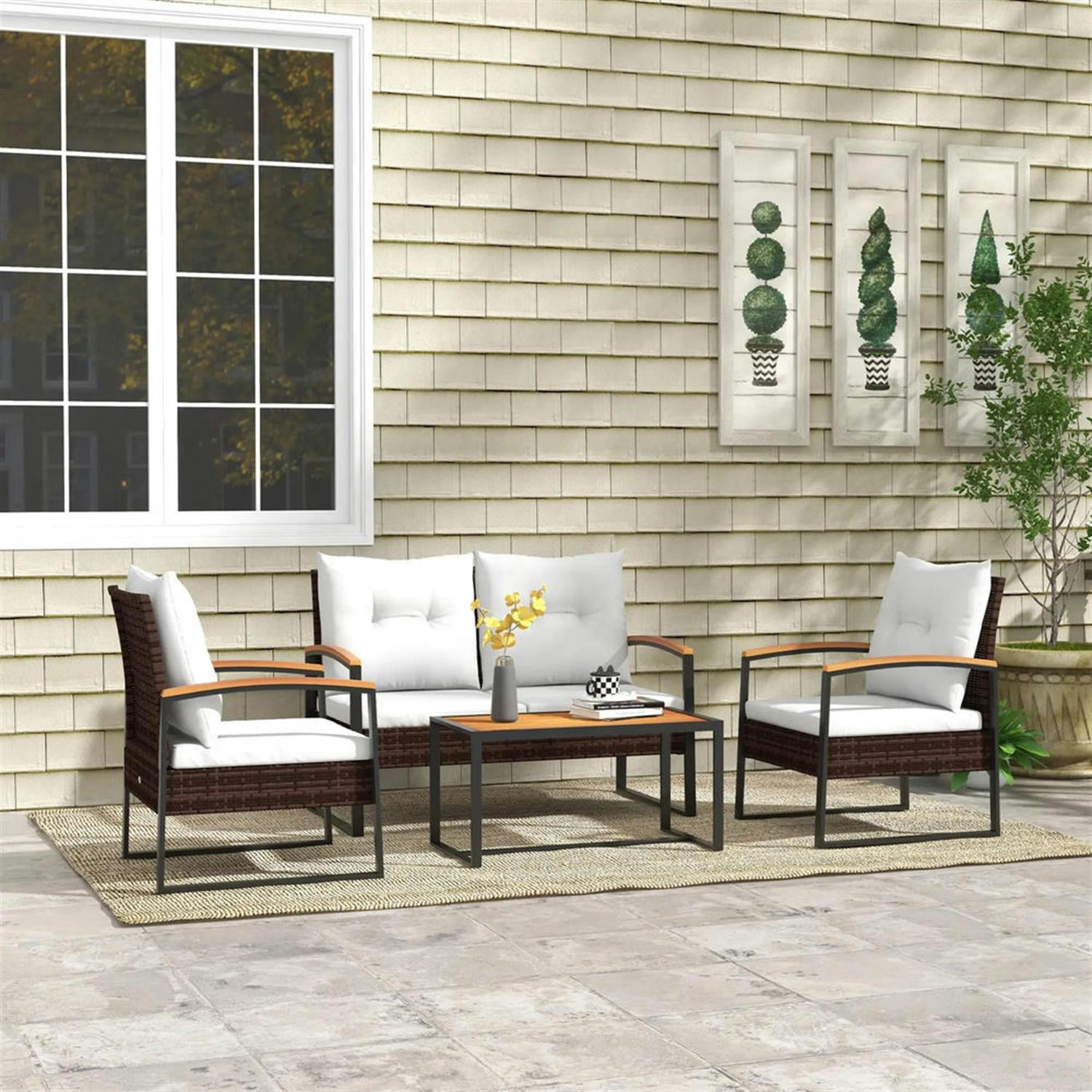 Demi Bonn 4-Piece Rattan Outdoor Patio Furniture Set with Loveseat Sofa, Chair, Wooden Coffee Table, and Cushions for Backyard and Deck, White