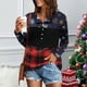 thumbnail image 3 of Camisa de empalme con estampado navideño Top de empalme a cuadros con bloques de color de manga larga y cuello redondo delgado a la moda para otoño Azul L, 3 of 5