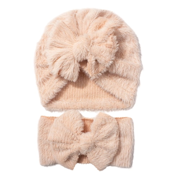 AJGRHE Cozy Winter Kids Hat And Bow Headband For And Toddlers Soft Warm Lined Cap With Cute Bow Design 2 Piece For Autumn And Winter Light Pink 0-36 Months