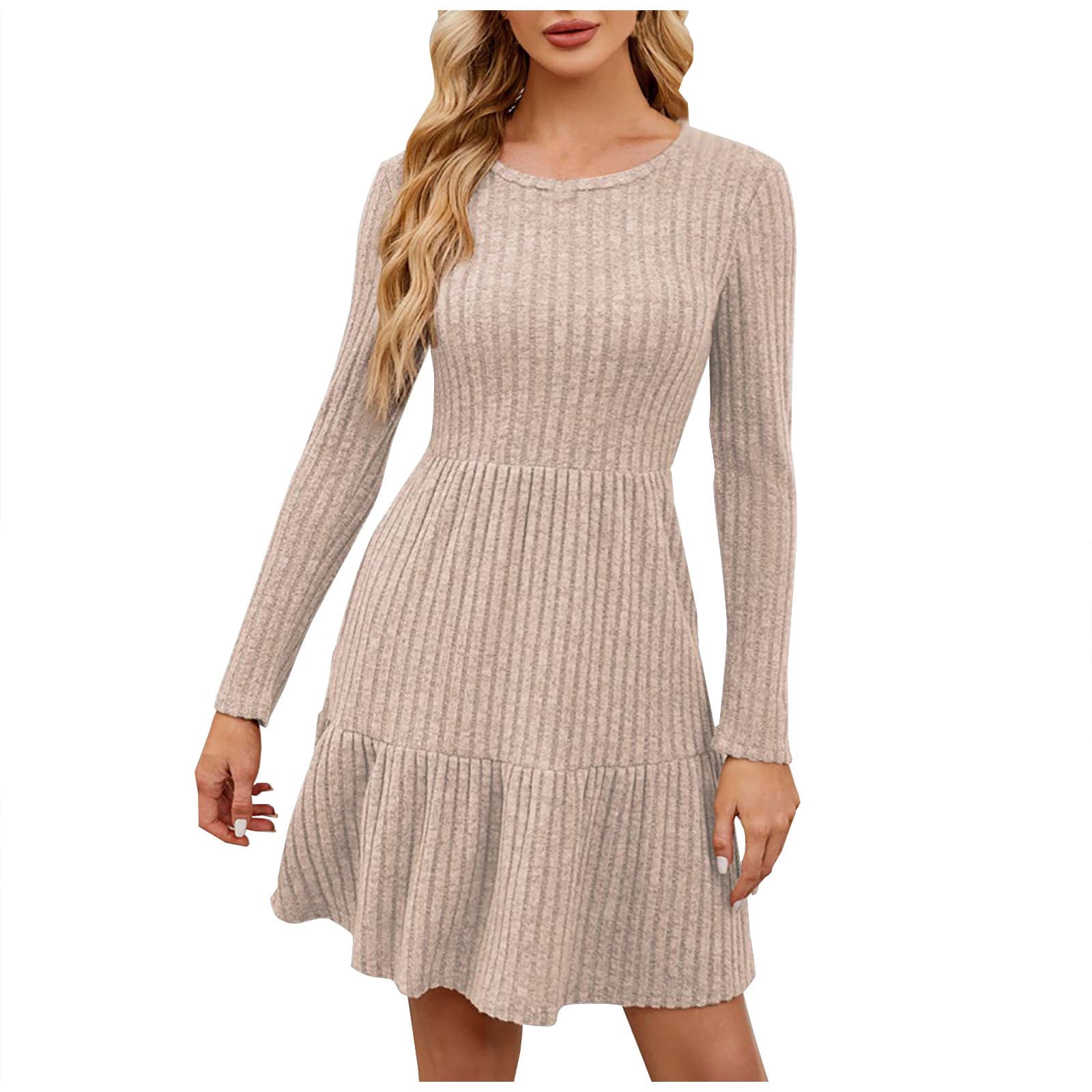 OSFVNOXV Long Sleeve Sweater Dress for Women Ribbed Knit Shirt High Waisted Bodycon Tiered Mini Dress with Pockets