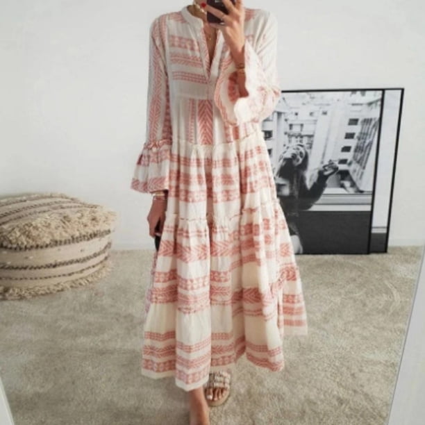 WILLBEST Vestidos Casuales para Mujer Verano Bohemio Estampado Geométrico A Rayas Maxi Vestido con Mangas Largas para Mujer Sexy Playa Casual Mediana