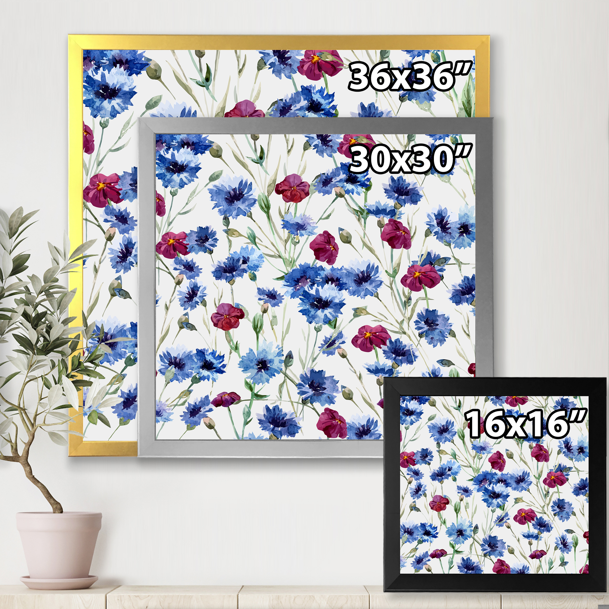Designart 'Red and Blue Wildflowers' Traditional Framed Art Print