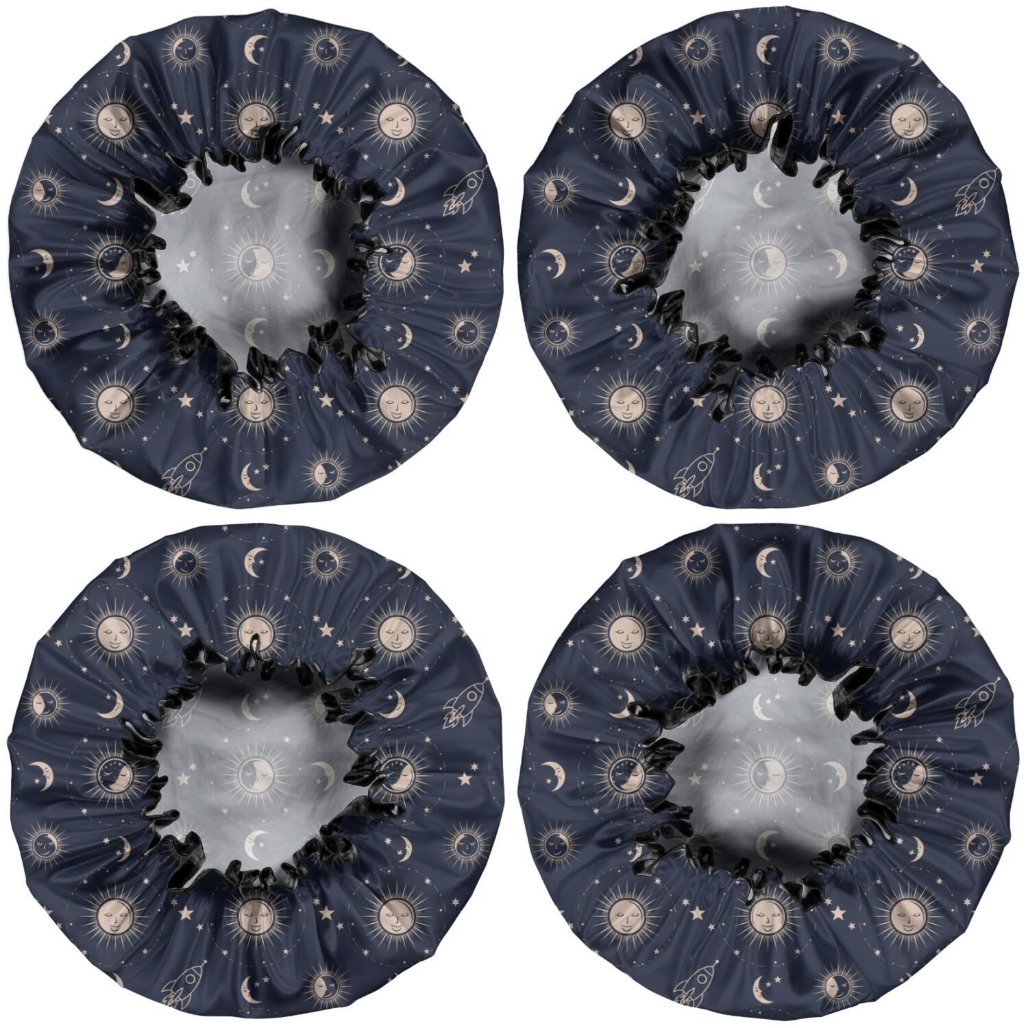 Shower Caps,Dark Blue Sun Moon Rocket Pattern Waterproof Shower Cap for Women 4 Pieces,Double Reusable Hair Cover for Shower PEVA Elastic Stretch Hem