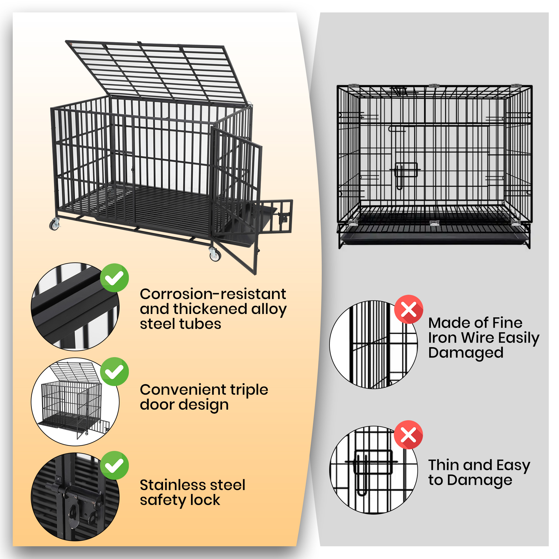 49 Inch Extra Large Heavy Duty Dog Crate with 3 Doors and Wheels, Indoor Outdoor Escape-Proof Metal Kennel with Removable Tray for Large Medium Dogs, Black