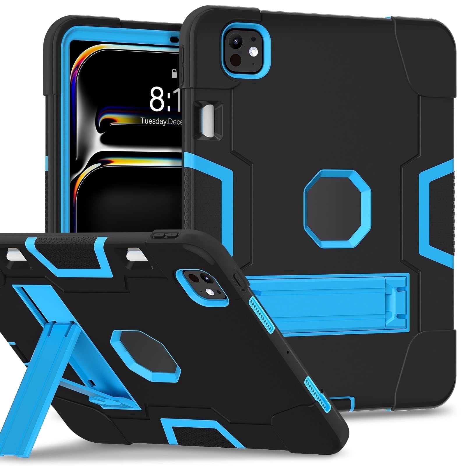 Meifei iPad Pro 11" 5th Gen 2024 11" Soft Tablet Case with Kickstand and Pencil Holder, Black & Blue