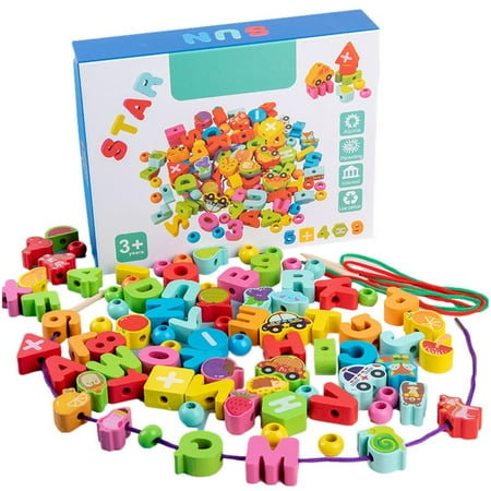 

Fovolat Lacing Beads Toy|Toddler Beads for Stringing Activity|Montessori Educational Threading Toys Wooden Stringing Cars Animals Fruits 100 PCS Lacing Beads Toy for Toddler