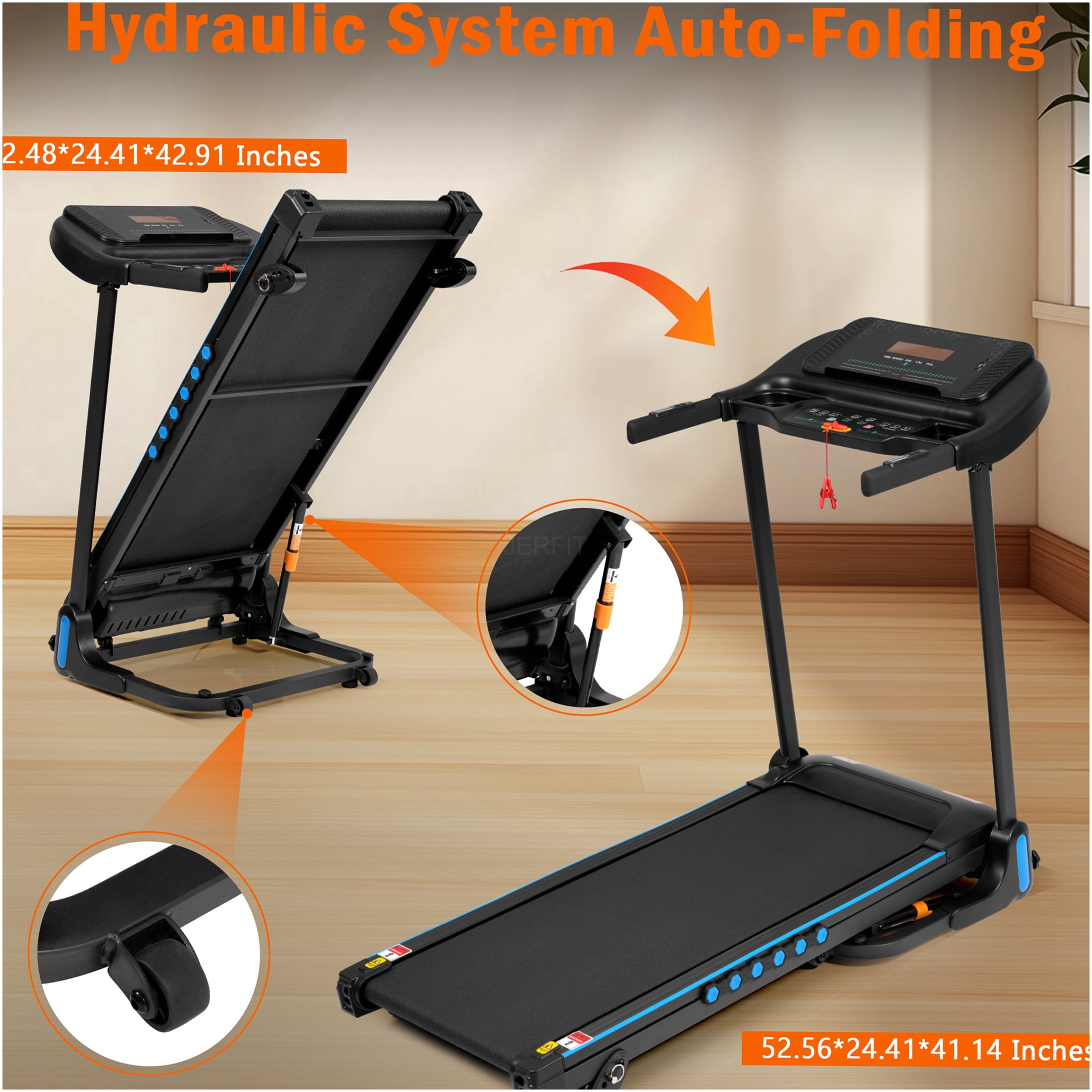 JERFIT Auto-Folding Incline Treadmill for Home, 3.0HP Quiet Motor, 10MPH, 350LBS Capacity, Bluetooth Speaker, USB/Type-C Charging, Compact for Small Spaces
