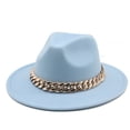 thumbnail image 1 of Sombrero Fedora Unisex Qarigey de ala ancha con collar de oro color Cielo azul, 1 of 6
