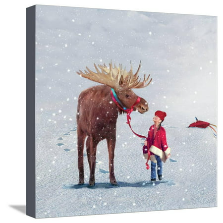 Best Friends Moose Child Whimsical Figurative Animal Art Stretched Canvas Print Wall Art By Nancy
