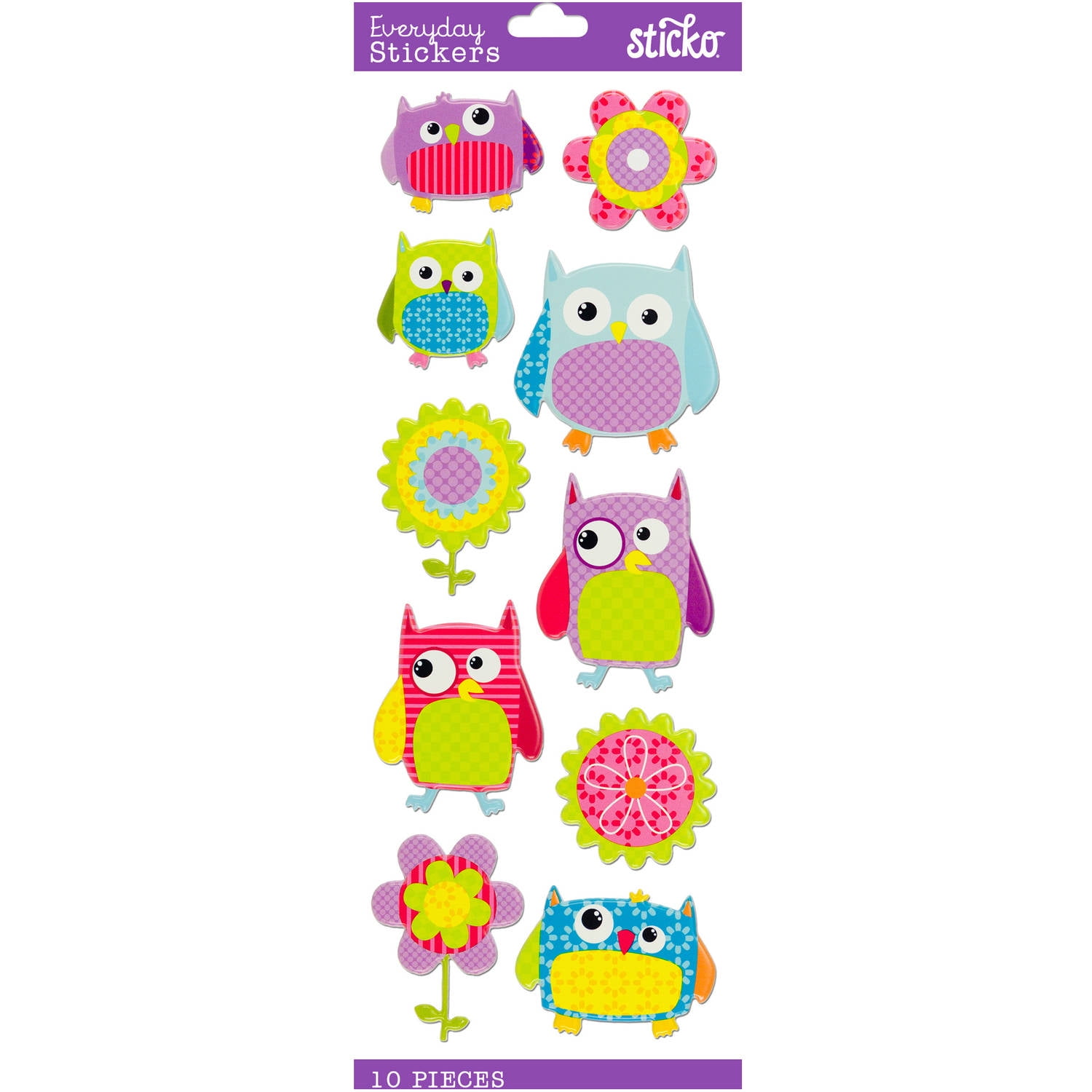 Sticko Puffy Flower & Owl Plus Sticker, 10 Piece