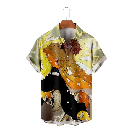

MLFU Anime Demon Slayer Mens Short Sleeve Aloha Beach Shirt Slim-Fit Chest Pocket Tees Front-Pocket Clothing Up to 8XL