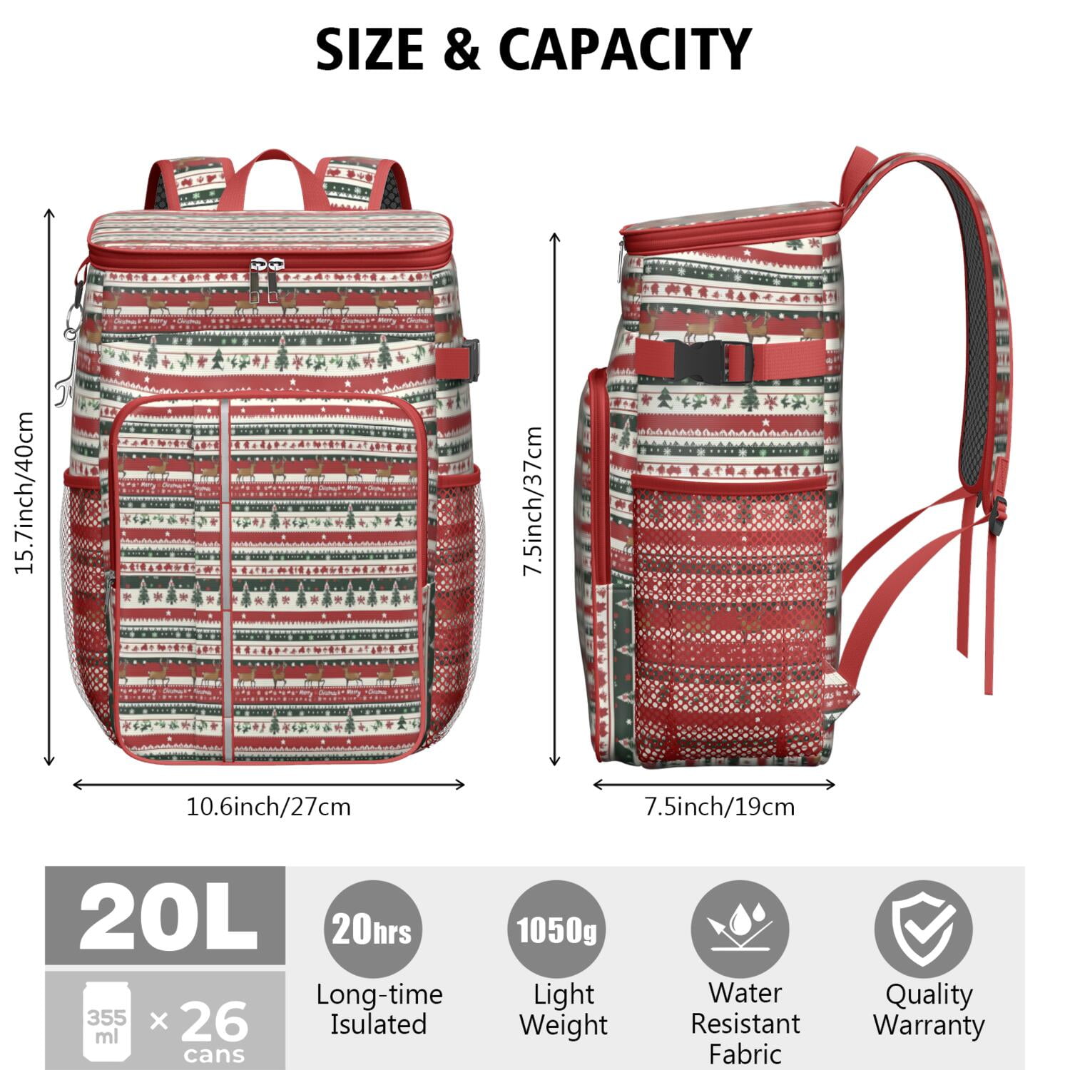 Travel Cooler Bag - Red Christmas Deer and Tree Pattern Camping Beer Cooler Backpack with Bottle Opener- Waterproof Insulated Picnic Backpacks - Cooler Bag for Beach
