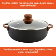 IMUSA 4.4qt Black Stone Aluminum Speckled Nonstick Caldero with Glass Lid & Wood Look Handles, Black