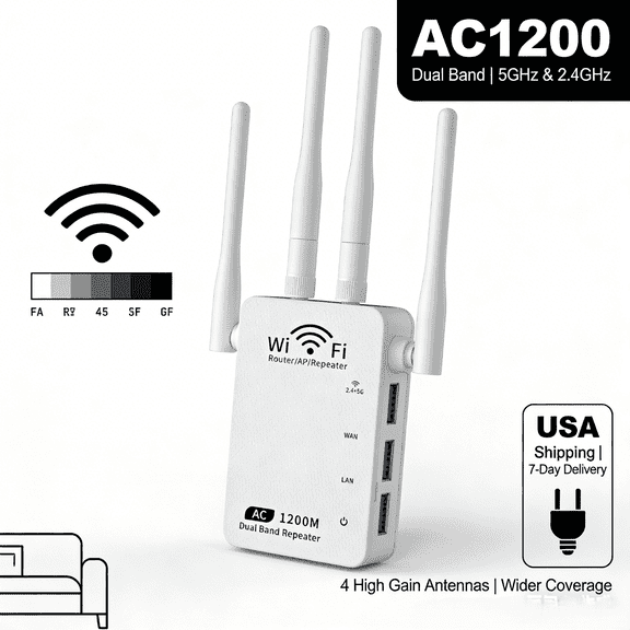 WiFi Extender Booster 1200Mbps Dual Band 5GHz/2.4GHz, 4 Antennas 3 Modes Wireless Signal Booster, Wider Coverage Range Extender for Home Office