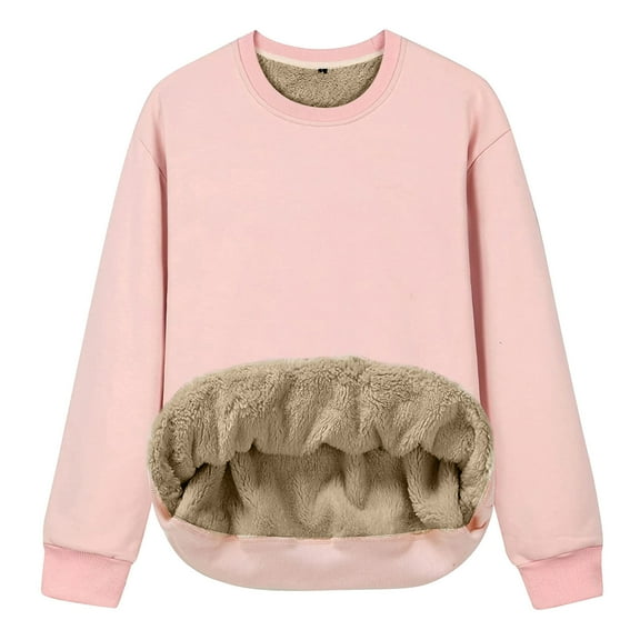 Plus Size Fleece Pullover for Women Round Neck Long Sleeve Warm Sweatshirt Winter Solid Casual Tops