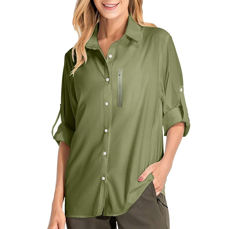 Womens Tops Plus Shirts UPF 50+ Sun Long Sleeve Outdoor Cool Quick Dry Fishing Hiking Shirt Khaki S, Women's, Size: Small, Black