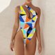 thumbnail image 2 of Traje de baño de una pieza para mujer, un solo hombro, cuello profundo, hermosos patrones, traje de baño de cintura alta tipo 3 M, 2 of 6