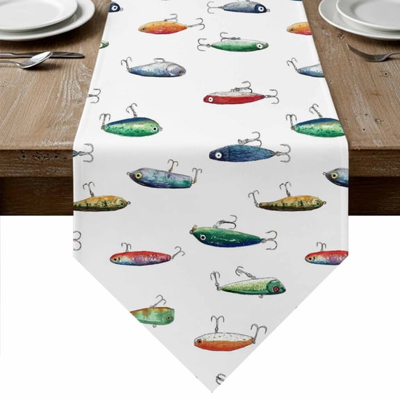 Table Runners 72 Inches Long, Colorful Fish Cotton Linen Kitchen Dining Coffee Table Runner for Party Home Decor, Watercolor Cartoon Fishing Tabletop Dresser Scarves Runner Decor 13x72 Inch