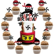 Ninja Cake Decorations - Happy Birthday Cake Topper, Cupcake Toppers - Total 25 Pcs for Boys Warrior 3rd 4th 5th 6th 7th 8th 9th Birthday Party Supplies