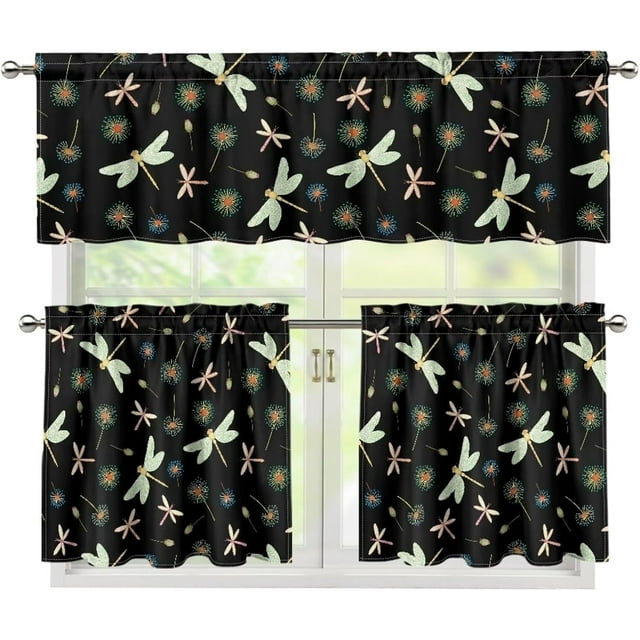 Dragonfly Print Kitchen Window Curtains Valance and Tier Set, 3 Piece Set Rod Pocket Short Curtains, Autumn Window Treatment for Bedroom European Curtains with Rod Pocket