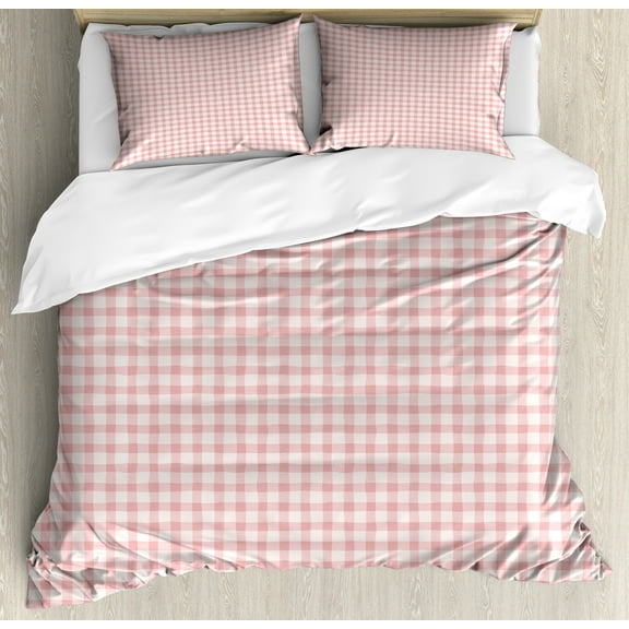 Abstract Duvet Cover Set, Pastel Gingham Pattern Checkered Illustration as Repeated Squares, Decorative 3 Piece Bedding Set with 2 Pillow Shams, Calking Size, Pale Pink Rose, by Ambesonne