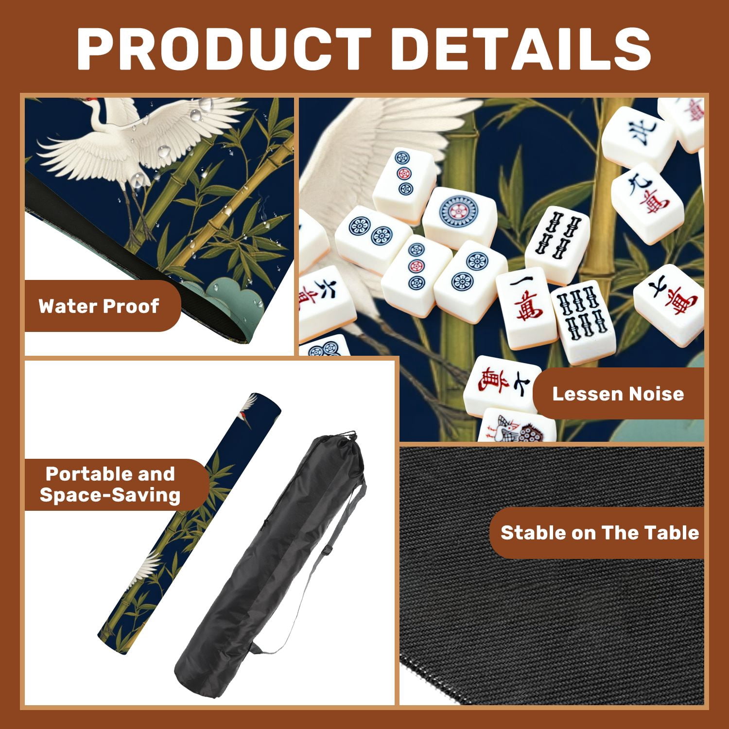Mahjong Mat 31.5" x 31.5" Elegant White Cranes Among Green Bamboo Stylized Trees Dark Blue Non-Slip Noise Reduction American Mahjong Tiles Table Cover for Dominoes Poker Card Board Games Gift