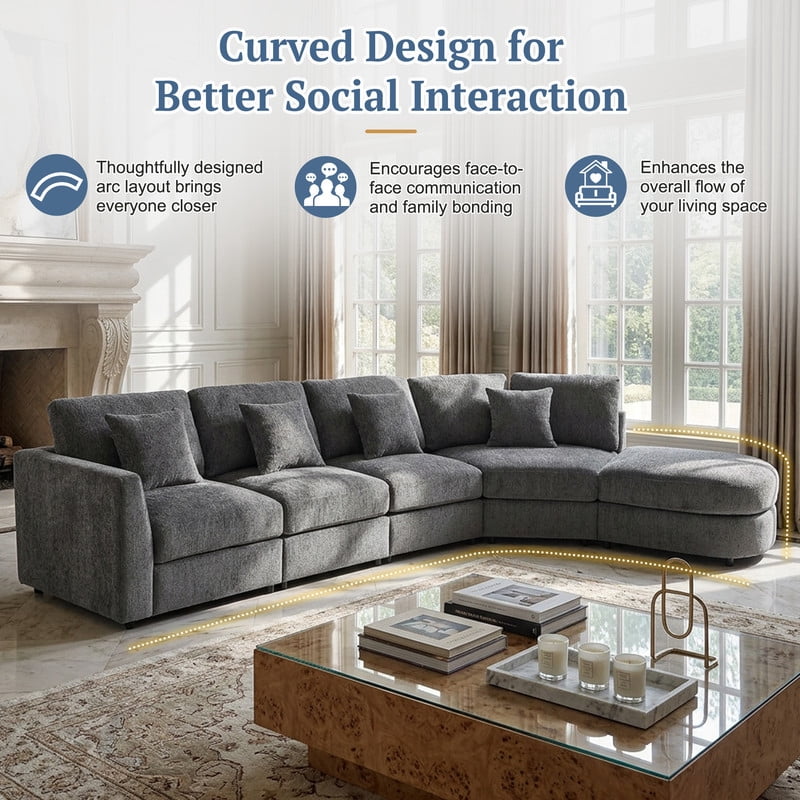 160.4" Oversized Curved Modular Sectional Sofa, Modern 5-Seater Chenille Cloud Couch with Deep Seats, Solid Wood Frame, 4 Throw Pillows for Living Room