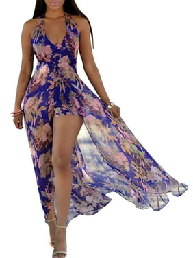 Women Sleeveless Halter V Neck Summer Party Romper Dress Floral Print Long Split Maxi Playsuit Jumpsuit Beach Sunress