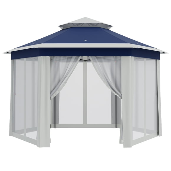 Auvent 13 X 13 Pi Pop-Up pour Jardin, Pavillon Hexagonal avec Double Toit, Moustiquaire et Auvent Robuste, Terrasse en Fourrure Parfaite, Jardin, Grillfest – Couleur : Bleu + Beige