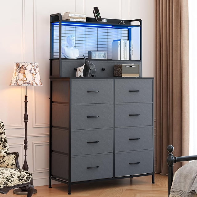 Commode Rustique pour Chambre avec Station de Recharge, DEL RVB Contrôlée par Application, Grand Organisateur de Rangement avec 11 Tiroirs en Tissu, Conception Anti-Basculement pour Chambre, Salon, Garde-Robe, Gris