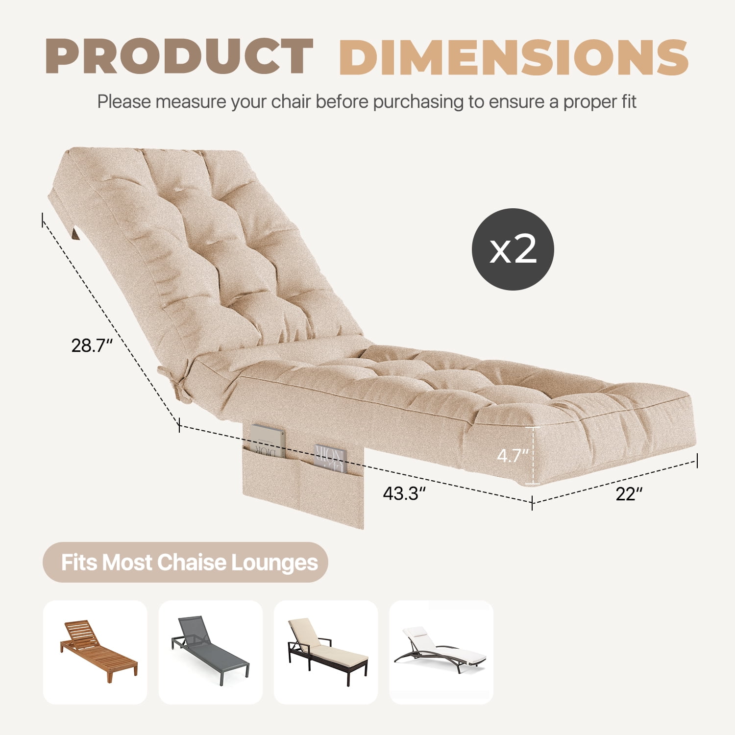BaPiPro Beige 2-Pack Outdoor Chaise Lounge Cushion with Side Pocket, Triple Non-Slip Fixation, All-Weather Durable & Soft Fabric, Thickened Padding, Ideal for Patio and Poolside Use