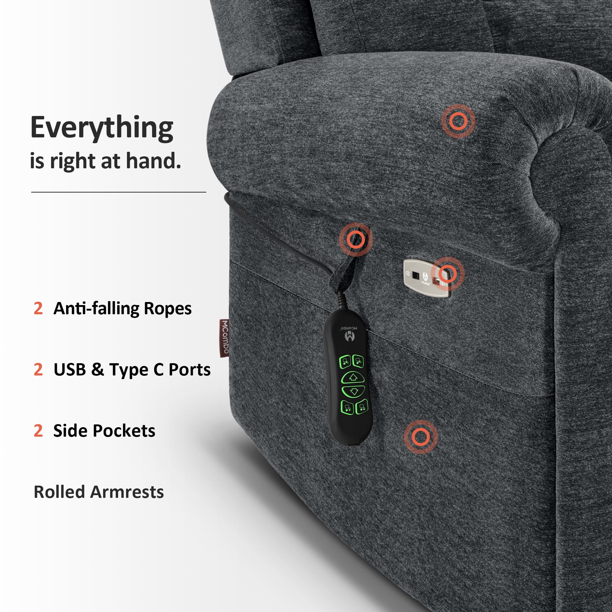 MCombo Dual Motor Power Lift Recliner Chair with Massage and Dual Heating for Senior, Fabric 7888 (Dark Grey, Medium)
