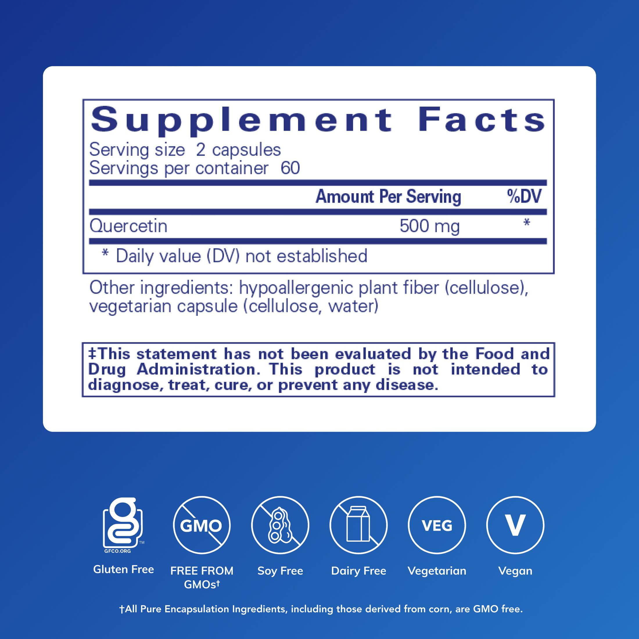 Pure Encapsulations Quercetin - 500 mg - Immune Support, Cellular Health* & Heart Health* - Antioxidant Supplement - Gluten Free & Non-GMO - 120 Capsules