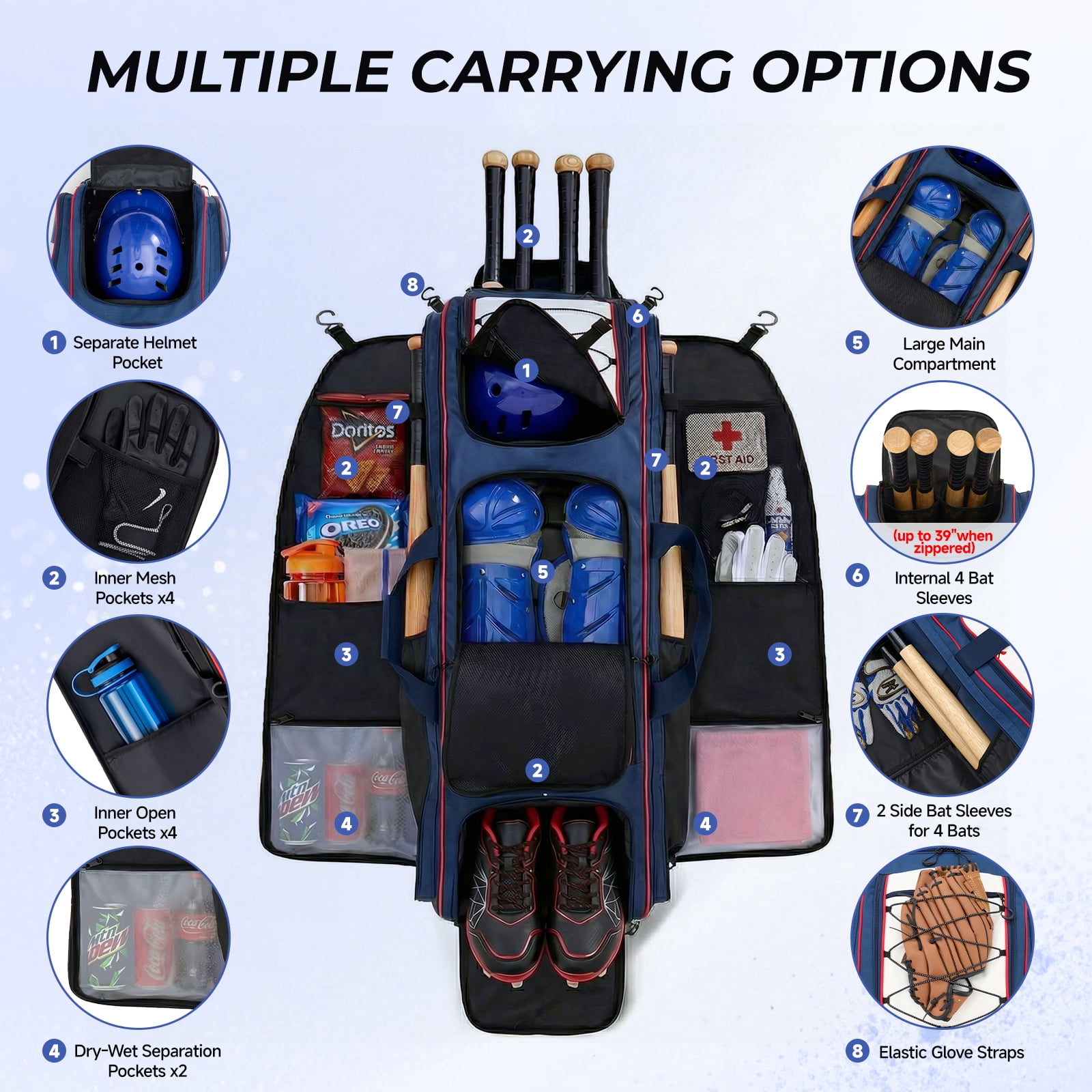 Fegat Rolling Baseball Bag, 100L Large Catcher Gear Bag Softball Bags with Wheels, Youth Equipment Bag Holds 8 Bats, Full Set, with Fence Hooks, Reflective Strip, Shoe Compartment